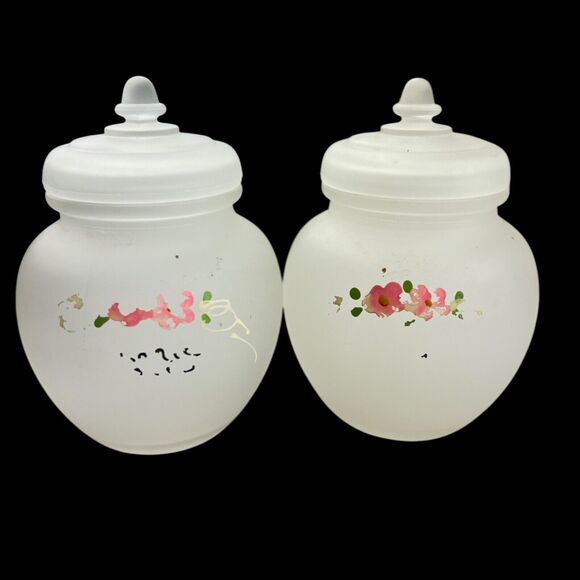 40's Frosted Glass Pink Floral Apothecary Jar Container Vintage 7pc Nursery Set - Picture 10 of 12